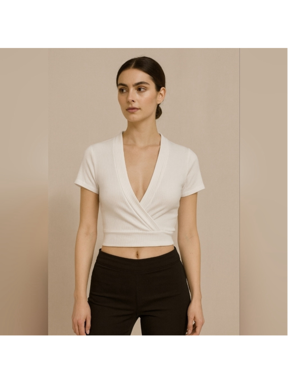 ZARA Trafaluc White Ribbed Wrap Crop Top – Size M